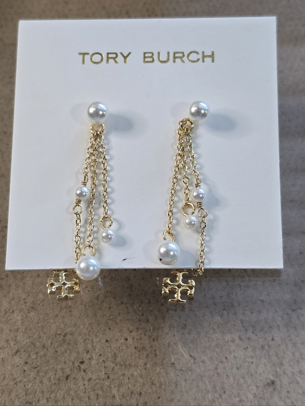 Tory Burch Gold Chain and Pearl Drop Logo Earrings
